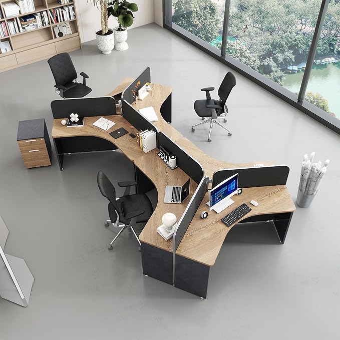 3 Person Office Cubicle Desk Workstation with Drawers & Built-in Power Outlets, Adjustable Wall Partitions, Layouts for Startups and Modern Workspaces,Black Fabric Panels
