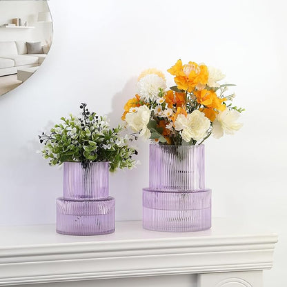 Ribbed Glass Vases for Bouquet, Set of 2 Purple Vases for Flowers, Purple Glass Vase for Tulips, Modern Vase for Living Room, Office, Coffe Table, Dining Table, Shelf, Wedding