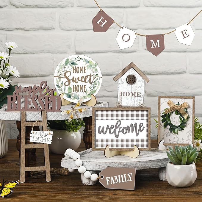 Set of 11 Farmhouse Tiered Tray Decor Rustic Home Tiered Tray Decorations Set Wooden Signs Home This is Us Farmhouse Tabletop Wood Signs for Kitchen Table Shelf Decor