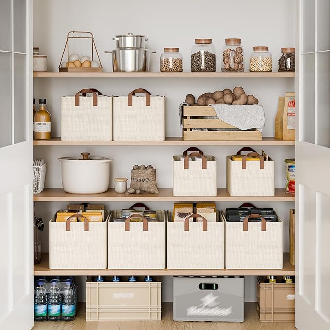 StorageWorks Storage Bins, Shelves Baskets for Organizing, Fabric Closet Organizers with Handles, Metal Frame, Beige?Texture?, 2-Pack