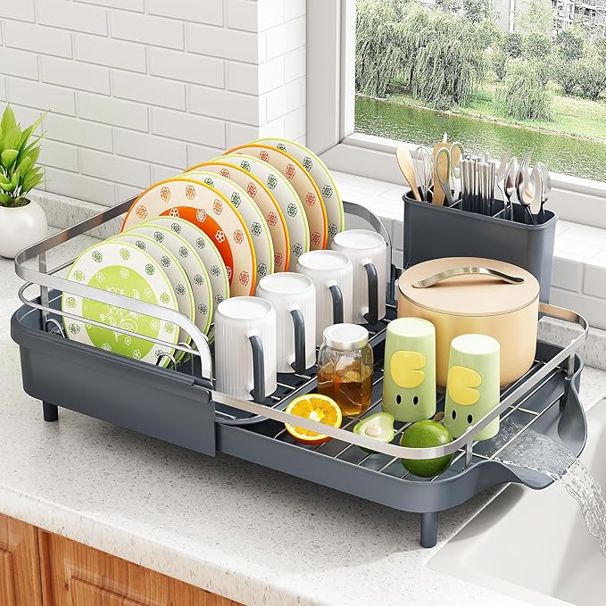 SAYZH Dish Drying Rack - Expandable Dish Rack for Kitchen Counter, Rust-Resistant Dish Drainer with Utensil Holder and Raised Guardrail, Kitchen Organizer for Cup and Bottle (Grey)