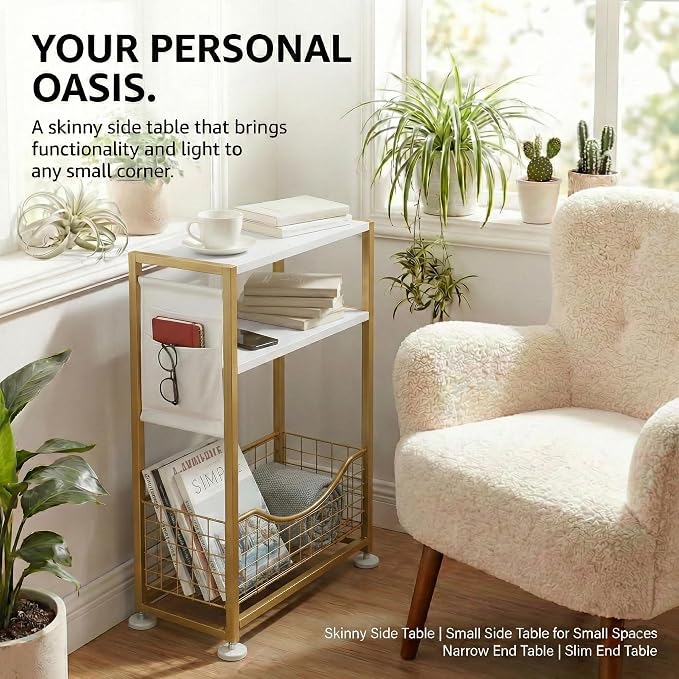 Skinny Side Table with Storage, 3 Tier Slim Side Tables for Small Spaces, Skinny End Table Narrow Bedside Table Narrow Side Table for Living Room, Bedroom