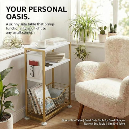 Skinny Side Table with Storage, 3 Tier Slim Side Tables for Small Spaces, Skinny End Table Narrow Bedside Table Narrow Side Table for Living Room, Bedroom