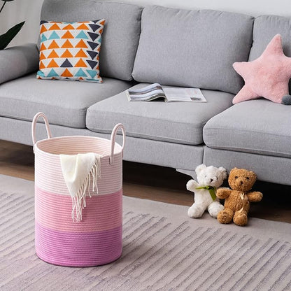 YOUDENOVA Woven Rope Laundry Hamper Basket, 58L Tall Luandry Basket, Baby Nursery Hamper for Blanket Storage, Clothes Hamper for Laundry in Bedroom-Large-Pink