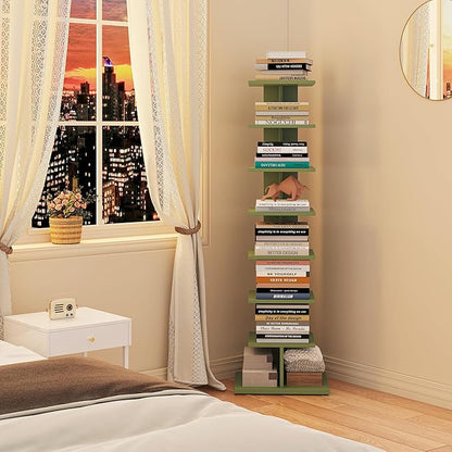 TUTOTAK Bookshelf, 8-Tier Bookcase, Narrow Spine Book Shelf for Small Space, Corner Standing Shelf for Living Room, Office, Study, Entryway, Olive Green BS06BOG008