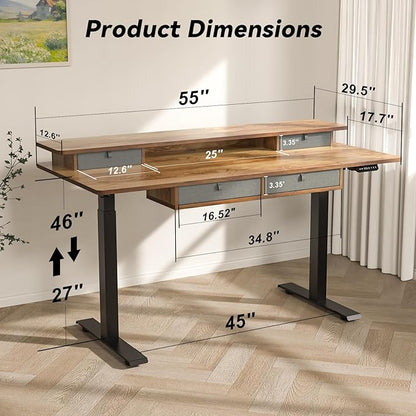 FiCiHi Adjustable Height Standing Desk with 4 Drawers,55 x 30 inches Electric Sit Stand Home Office Desk with Two Tiers, 3 Memory Presets, Monitor Stand Riser, USB A/C Charging Port