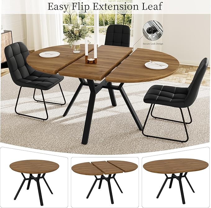 Extendable Round Dining Table Set for 6 People, 43.3"-59.1" Extendable Kitchen Table with 6 Upholstered Chairs, Space Saving for Kitchen Dining Room (Walnut Table+6 U-Shaped Black Chairs)
