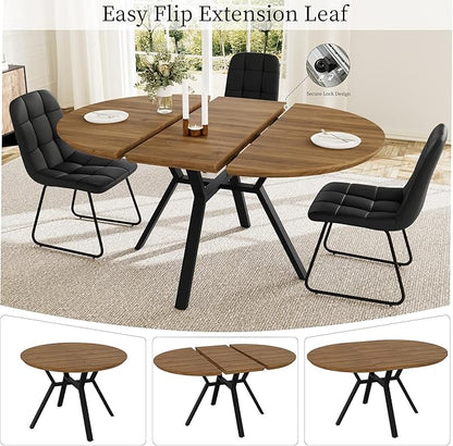 Extendable Round Dining Table Set for 6 People, 43.3"-59.1" Extendable Kitchen Table with 6 Upholstered Chairs, Space Saving for Kitchen Dining Room (Walnut Table+6 U-Shaped Black Chairs)