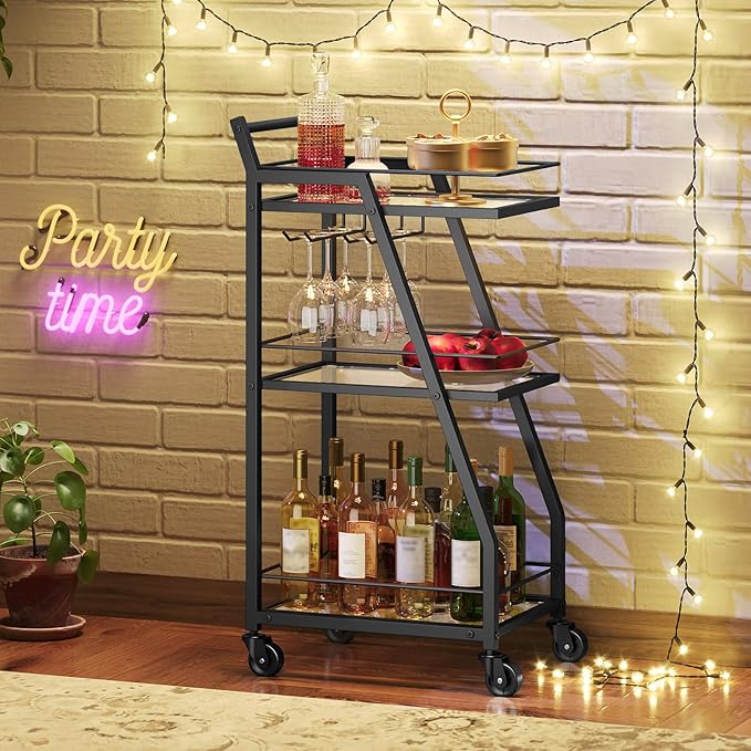 Bar Cart for The Home, Small Bar Cart on Wheels, Beverage Cart, Home Bar Serving Cart with Glass Holder, Drink Cart for Bar, Kitchen, Transparent and Black BC03BK