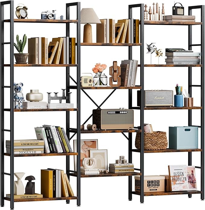 Shintenchi Triple Column 5 Tier Bookshelf, Industrial Large Bookcase Display Shelves, Large Etagere Bookshelf,Wide Book Shelf Book Case for Home & Office, Rustic Brown