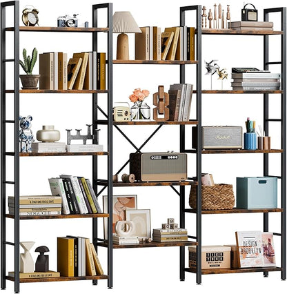 Shintenchi Triple Column 5 Tier Bookshelf, Industrial Large Bookcase Display Shelves, Large Etagere Bookshelf,Wide Book Shelf Book Case for Home & Office, Rustic Brown