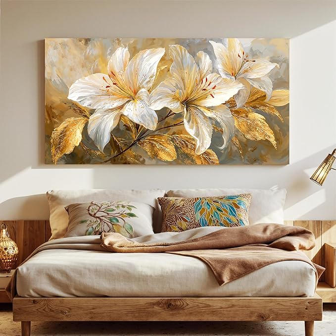 Canvas Wall Art Decor White Flower large wall art Decor For Living Room Gold Botanical Wall Art Decor Modern Aesthetics Wall Art Paintings Prints For Home Bedroom Office Room Wall Decor 24×48 Inch