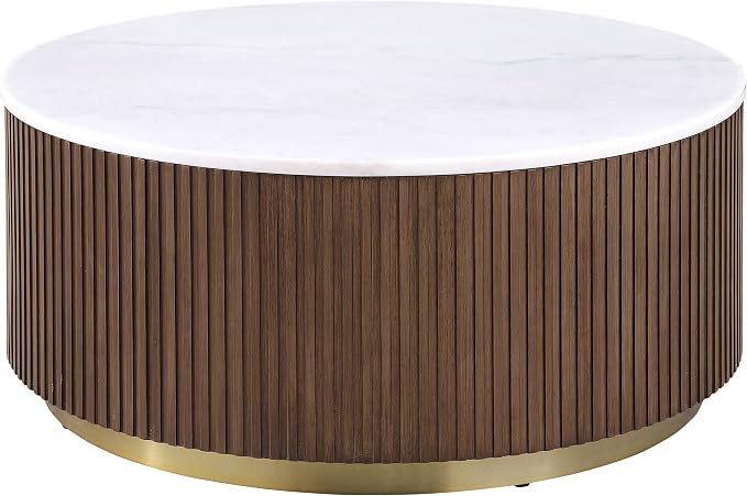Coaster Home Furnishings - Jason - Wood and Metal - 2-Piece Coffee Table Set with Marble Tops, Reeded Drum Bases, and Gold Ring Accents - Living Room - Honey Brown and White Marble - 712418-S2
