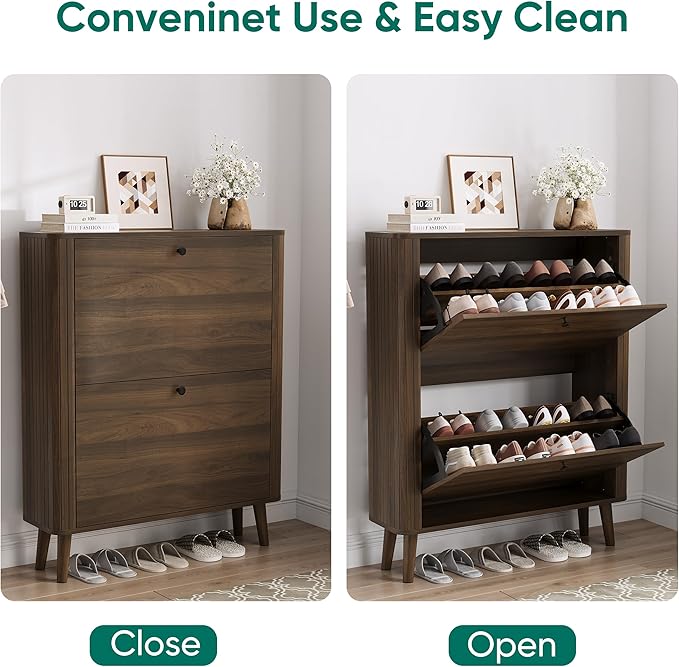 Smuxee Walnut Shoe Cabinet with 2 Flip Drawers, 31.5" Hidden Shoe Storage Cabinet with Curved Edge & Grille Stripe, Freestanding Shoe Organizer Cabinet for Entryway, Hallway, Living Room
