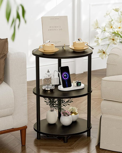Small Round Side Table - 3-Tier Oval Accent Table for Small Spaces, Rustic Wood and Metal Nightstand for Living Room or Bedroom, Built-in USB Ports and Power Outlet, Charcoal Wenge