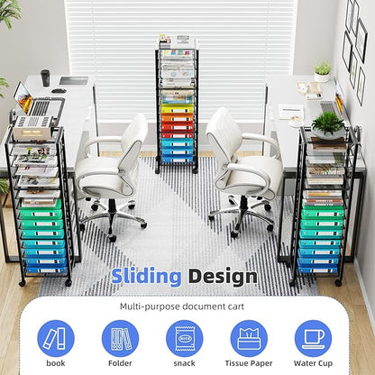 Simple Trending 14 Tier Rolling File Cart, Desk File Organizer, Paper Letter Storage Rolling Clutter Cart for Office, Home, School, Black