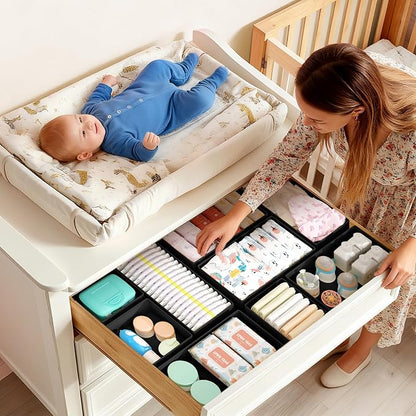 DIMJ Drawer Organizers Clothes, Set of 16 Dresser Organizer Bins, Fabric Closet Organizers and Storage, Shallow Drawer Dividers for Nursery, Clothing, Baby Clothes, Socks, Underwears, Tie (Black)