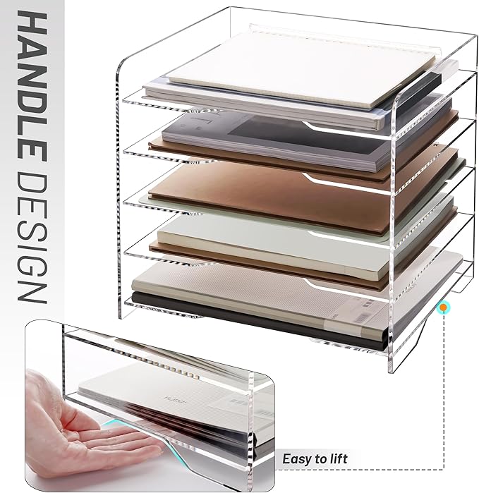 SANRUI Acrylic Desk File Organizer 5 Tier Letter Tray Paper Organizer with Handle for Office, Home, Classroom Clear Desk Organizer Document Holder