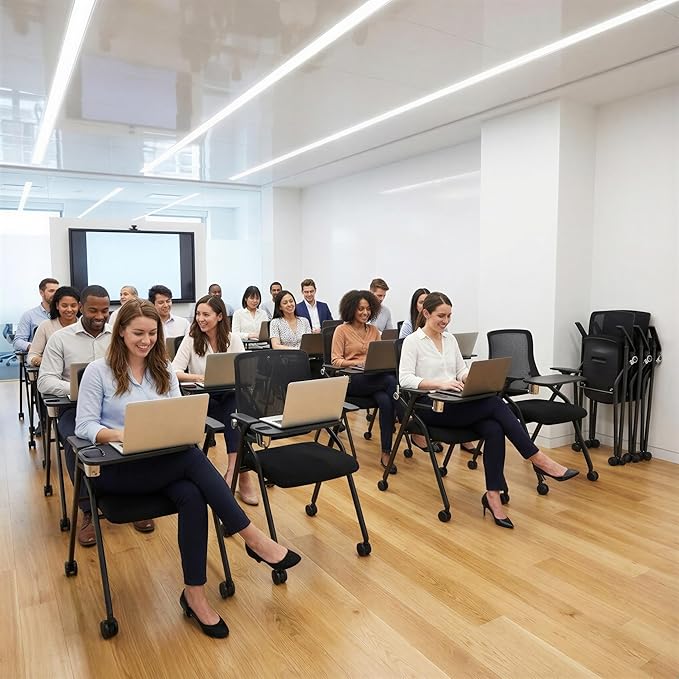 Updated Conference Room Chairs with Tablet Arm, Folding Office Desk Chair with Lumbar Support and Sliding Armrest with Casters, Stackable Office Guest Chairs & Reception Chairs, 4 Pack Black
