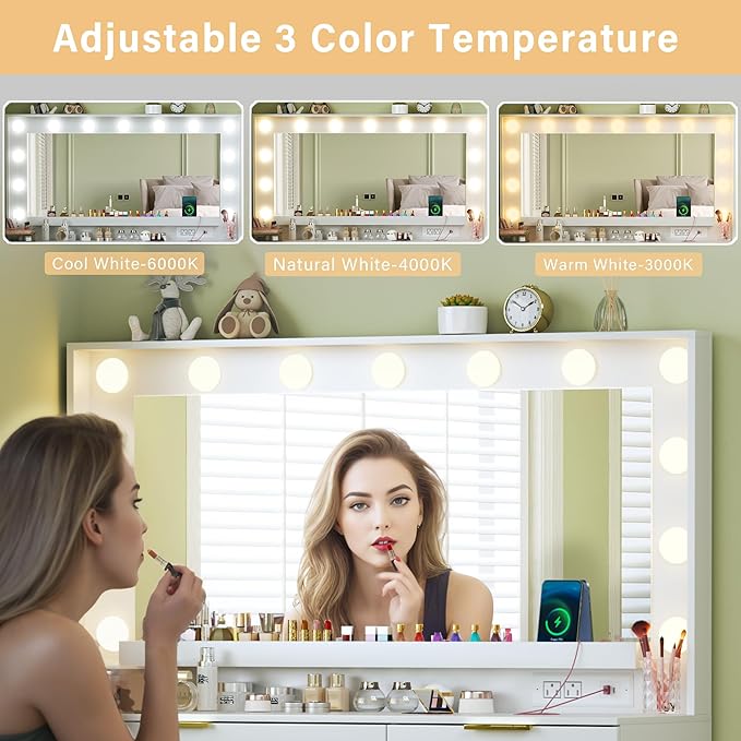 Makeup Vanity Desk with Lights & Large Mirror, 39.3in Vanity Desk with Mirror and Lights, 3 Lighting Color Adjustable, 5 Drawers, for Bedroom