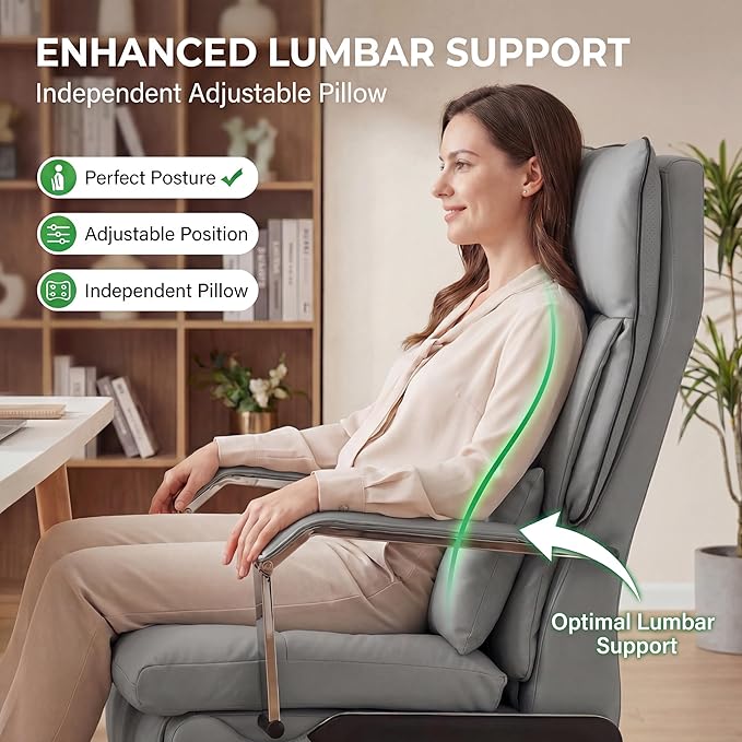 Dual Motor Executive Home Reclining Office Chair with Footrest - One-Click Electric Recline with Massage & Pillow Support Big and Tall PU Leather Ergonomic Desk Chair, High Back Wide Seat (Gray)