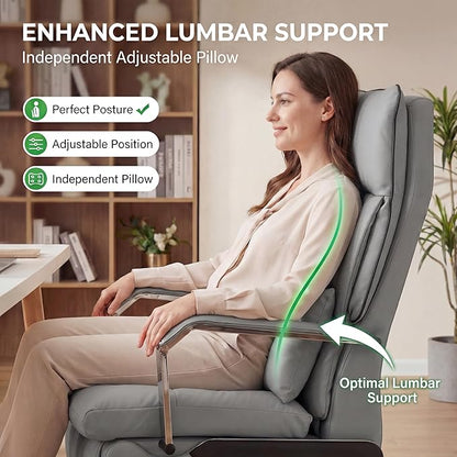 Dual Motor Executive Home Reclining Office Chair with Footrest - One-Click Electric Recline with Massage & Pillow Support Big and Tall PU Leather Ergonomic Desk Chair, High Back Wide Seat (Gray)