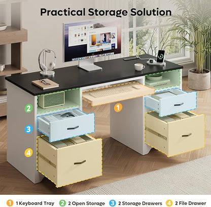 Bestier 59” Computer Desk with 4 Drawers, Office Desk with Storage, Modern Executive Desk with Charging Station, Keyboard Tray & Wooden Pedestals on Both Sides for Home Office & Studio, White