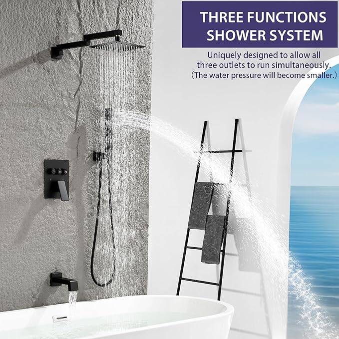 Shower System with Tub Spout, All Metal Bathtub Shower Faucet Set with High Pressure 10 Inch Rain Shower Head and Handheld Shower Head Set,Black Shower Head and Handle Set