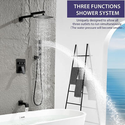Shower System with Tub Spout, All Metal Bathtub Shower Faucet Set with High Pressure 10 Inch Rain Shower Head and Handheld Shower Head Set,Black Shower Head and Handle Set