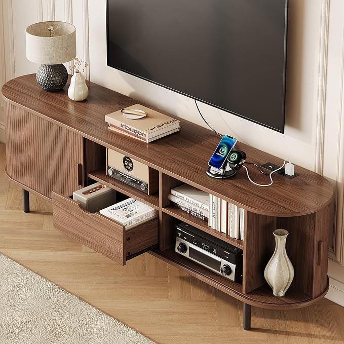 69" Mid-Century TV Stand with Power Outlet, Fluted Entertainment Center with Storage Drawer, TV Console with Sliding Door and Adjustable Shelves, TV Stand up to 80" for Living Room, Bedroom, Walnut