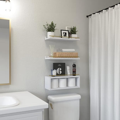 WOPITUES Floating Shelves for Wall with Cube Shelf, Wall Shelves with Metal Rail for Decor, Bathroom Organizers and Storage, Over Toilet Shelves for Bathroom, Toilet Paper-White&Gold