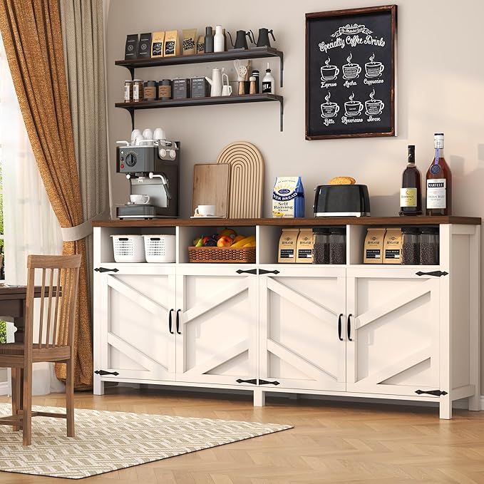 63'' Buffet Sideboard with Storage Farmhouse with 4 Doors, Large Kitchen Storage Cabinet Wood Coffee Bar Cabinet Buffet Table with Shelves for Kitchen, Dining Room, Entryway