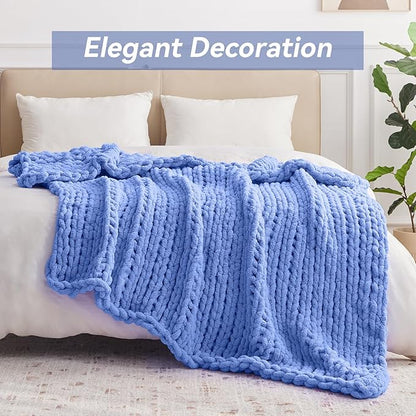 Negwoo Chunky Knit Throw Blanket, 30''*40'' Knitted Throw Chenille Yarn for Bed Couch, Handmade Light Blue Crochet Big Thick Blanket, Machine Washable Cute Comfy Blanket for Home Decor