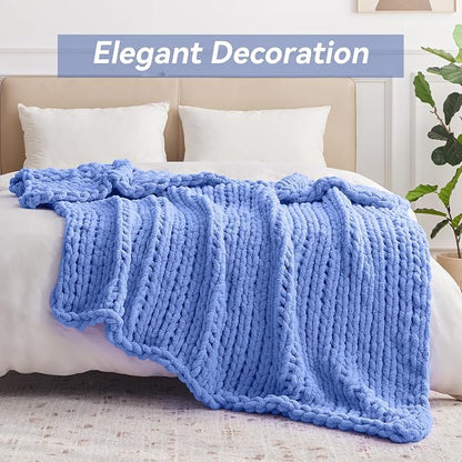 Negwoo Chunky Knit Throw Blanket, 80''*90'' Knitted Throw Chenille Yarn for Bed Couch, Handmade Light Blue Crochet Big Thick Blanket, Machine Washable Cute Comfy Blanket for Home Decor