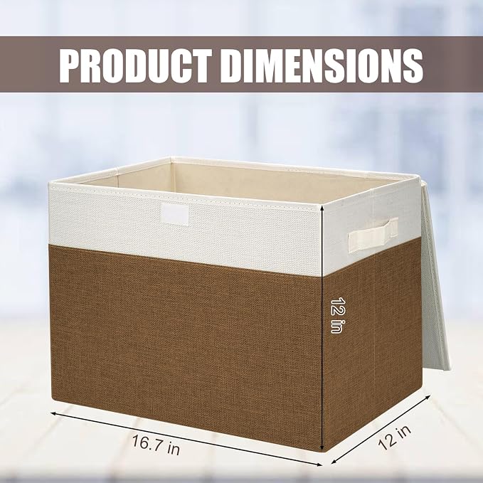 Large 17" 42 Quarts Collapsible Stackable Storage Bins with Lids [3-Pack] Foldable Fabric Linen Storage Boxes Cube, Closet Organizer Baskets with Label for Home (16.7 x 12 x 12", Brown & White)