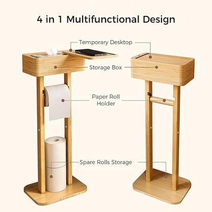 Wealone 4-in-1 Toilet Paper Holder Stand with Storage Shelf Box, 360° Rotating Bamboo Free Standing Toilet Tissue Roll, Toilet Wipes Dispenser Organizer Desktop for Bathroom Decor (Patented)