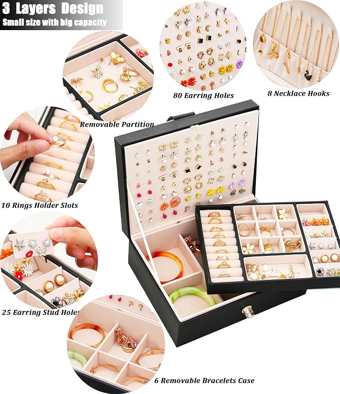 QBestry Womens Earrings Jewelry Box for Girls Jewelry Earring Organizer Box Earring Holder Organizer for Girls Jewelry Organizer Boxes for Women Girls Stud Earrings Organizers Jewelry Box Black