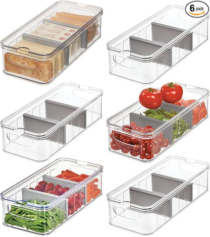 iDesign Large Fridge Organizer Bin with Removable Divider and Lid - Set of 6 - Clear/Gray