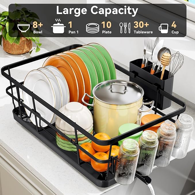 TOOLF Dish Drying Rack, Dish Racks for Kitchen Counter, Stainless Steel Sink Organization and Storage Essentials with Cutlery Holder, Dish Drainer, Home and Appartment Decor, 12.4''W x 16.5''L, Black