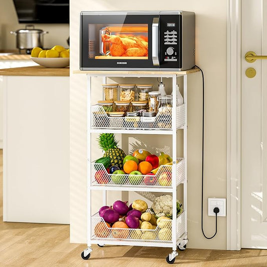 ThreeHio Rolling Kitchen Microwave Cart with Fruit Baskets, 4 Tier Microwave Table Stand with Storage, Kitchen Storge Shelf on Wheels Small Rolling Cart Organizer Rack for Pantry, Living Room