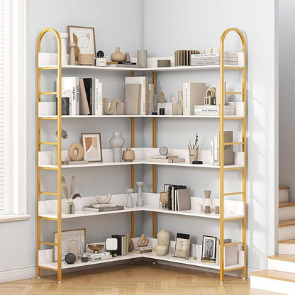 Nosepen Corner Bookshelf, 5 Tiers Tall Open Corner Etagere Bookcase Storage Organize, L-Shaped Large Corner Bookshelves, Corner Shelf Storage Display Rack with Metal Frame for Living Room Home Office