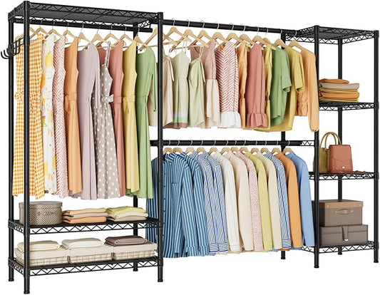 Golpart Heavy Duty Garment Rack Clothes Rack,Large Metal Closet Organizer System Storage Wardrobe,Freestanding Clothing Rack with 7 Adjustable Wire Shelves&3 Hang Rods,MaxLoad 1500lbs