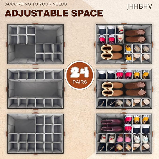 1 Pack Shoe Organizer for Closet, Adjustable Shoe Box Storage Containers, Large Foldable Shoe Bins with Clear Cover, Space Saving Shoes Holder with 4 Handles, Fits 12-24 Pairs, Black