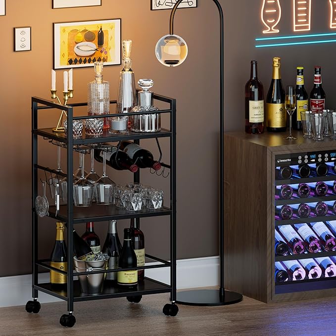 Bar Cart, Serving Cart for Home, Microwave Cart, Drink Cart, Mobile Kitchen Shelf with Wine Rack and Glass Holder, Rolling Beverage Cart for Dining Room, Grey
