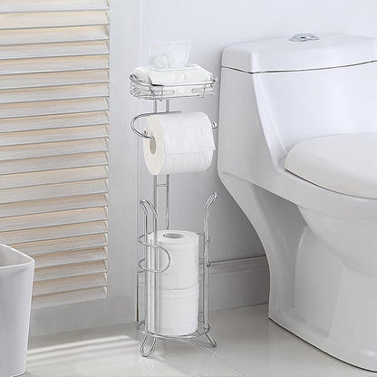 SunnyPoint Bathroom Heavyweight Toilet Tissue Paper Roll Storage Holder Stand with Reserve and Shelve, The Reserve Area Has Enough Space to Store Mega Rolls. (Chrome)