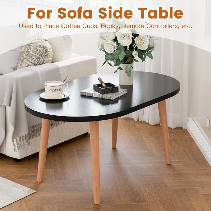 Small Coffee Table, Low Table with Solid Wood Legs, 23.6" Mini Oval Accent Table Side End Table, Floor Table Desk for Sitting on The Floor, Coffee Tea Table for Living Room, Dorm, Apartment, Black