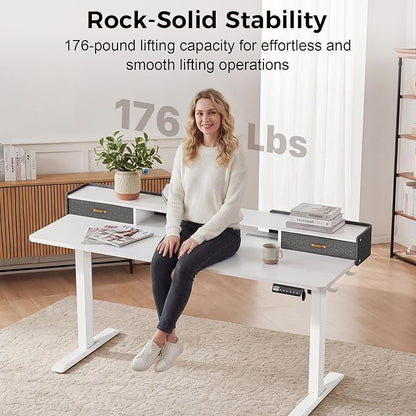 Electric Standing Desk with Drawers, 63 Inch Height Adjustable Desk with Power Outlets & LED Lights, Sit Stand Table with Monitor Stand for Home, Office, White
