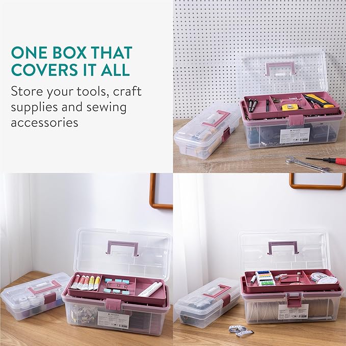 Navaris Plastic Pink Tool Box Set of 2-30.5cm (12") & 38cm (15") - Medicine Storage Boxes with Locking Latch - Organiser Tackle Box with Compartments - Art, Craft, Sewing, & more