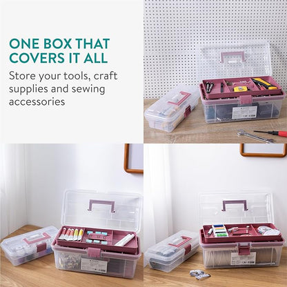Navaris Plastic Pink Tool Box Set of 2-30.5cm (12") & 38cm (15") - Medicine Storage Boxes with Locking Latch - Organiser Tackle Box with Compartments - Art, Craft, Sewing, & more