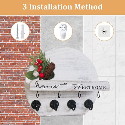 Key Holder for Wall, Key and Mail Holder Organizer - Key Holder Wall Mount with Bouquet Shelf and Key Hooks, Round Wooden Rustic Key Rack for Entryway and Home Decor (Pale White)